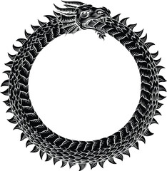 An Ouroboros or Uroboros circle dragon eating its tail circular symbol in a vintage woodcut etching style.
