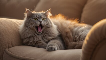 Reclining long-haired grey cat yawning, showing tongue on beige armchair, rim-lighting fur