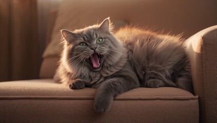 Yawning fluffy gray green-eyed cat lounging on brown armchair cushion, with sunlight on fur