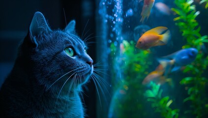 Staring grey cat watching fish past planted aquarium glass at home with rising bubbles, copy space