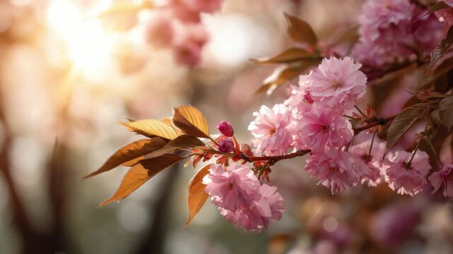 Close Up of Pink Blossoms on a Branch with Golden Leaves and a Soft Focus Background with a Sunbeam Shining Through the Petals Creating a Warm and Serene Atmosphere