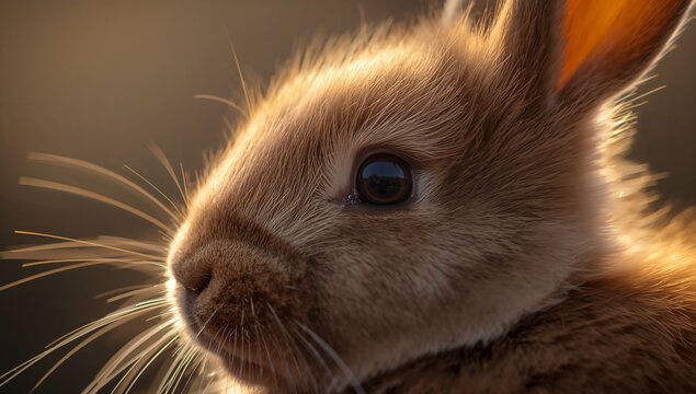 Filling closeup portrait brown rabbit head revealing glossy eye, long whiskers, erect ear rimlight