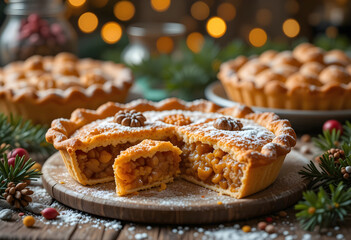 Close-up of homemade holiday pies and sweets with warm kitchen cozy atmosphere