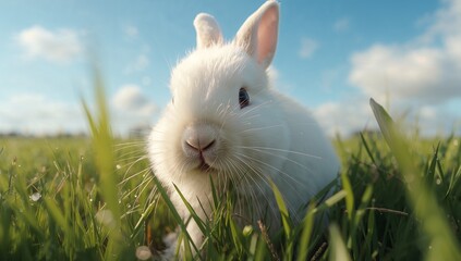 Sitting small white rabbit twitching whiskers in grassy meadow, sunlight rim lighting fur