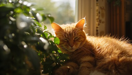 Curling orange tabby cat basking in sun on windowsill, with potted plant, curtain, window frame