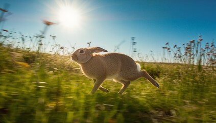 Sprinting brown rabbit bounding through grassy field with wildflowers, sun rim-lighting fur