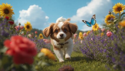 Trotting small brown-and-white dog wearing collar and tag along grassy path, with blue butterfly