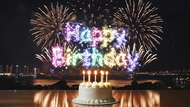 A white birthday cake with lit candles sits on a reflective surface with colorful fireworks exploding behind forming 'Happy Birthday' in a cityscape at night with a dark sky.