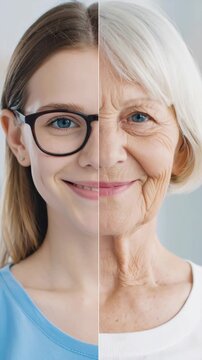 Young adult woman and senior woman's face side-by-side showing age difference, generational contrast, and concepts of aging.