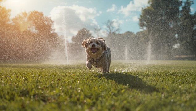 Running wet small-medium dog wearing collar and tag, splashing through grassy field with sprinklers