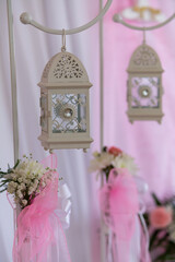 Hanging White Lantern With Flowers And Pink Ribbons Wedding Aisle Decoration
