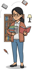 Female Librarian Reading Books Illustration