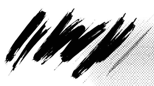 Dynamic black ink brush strokes on a white background, creating an abstract and expressive composition with diagonal lines and splatters.