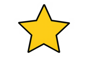 Yellow cartoon star icon with black outline. Rating, success, favorite, and quality concept symbol on transparent background