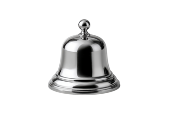 Polished silver service bell with rounded top and flared base on black metal, Isolated On White Background, Png Transparent