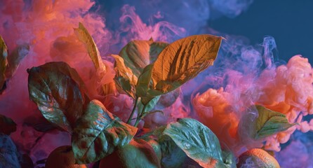 Fruits and leaves surrounded by colorful smoke, creating a vibrant scene.