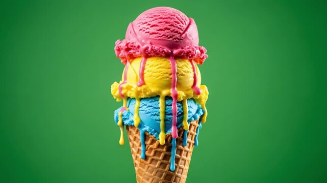 triple-layer melted ice cream (pink, yellow, blue) stacked on crunchy waffle cone