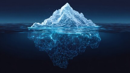Abstract digital iceberg with visible underwater structure and mountain peak above ocean surface at night, futuristic low poly wireframe glacier in dark water, polygonal geometric technology concept b