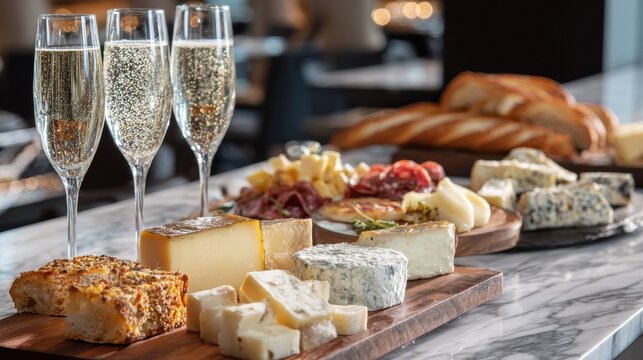Three glasses of champagne sit next to a cheese board with various cheeses