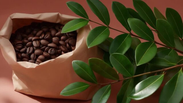 Bag of coffee beans with green leaves on terra cotta background