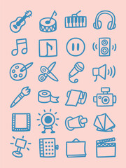 Hand-drawn creative and musical doodle icon set featuring instruments, art tools, audio symbols, cameras, and craft elements