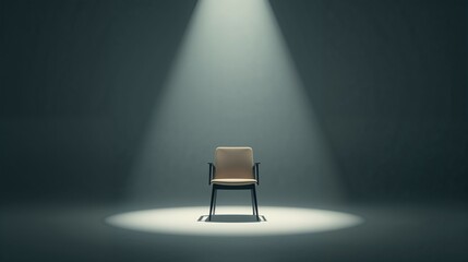 Spotlighting single beige padded chair sitting in dark studio, spotlight casting crisp shadow