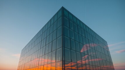 Capturing modern glass tower reflecting sunset clouds with sharp corner and mullions in plaza