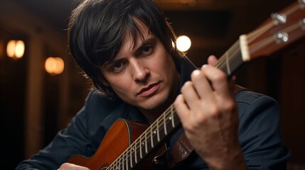 Playing male guitarist in dark jacket strumming acoustic guitar in dim room, with warm bokeh lights