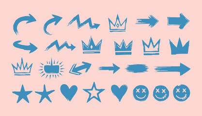 Fototapeta premium Hand-drawn grunge doodle set featuring arrows, crowns, stars, hearts, and expressive smiley faces in rough brush style
