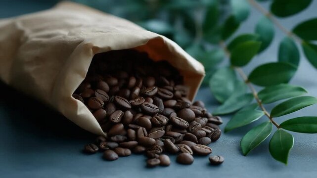 Rustic coffee beans spilled from bag with fresh green leaves on gray surface