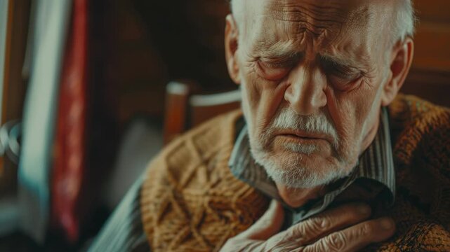 A senior gentleman with white hair and wrinkles looking down. He has a serious expression on his face as he appears to be deep in thought or perhaps experiencing discomfort.