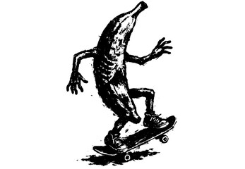 Vintage Skateboarding Banana Character in Xerography Halftone Style, Retro Surreal Street Illustration on Transparent Background