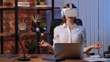 Woman Meditating with VR Headset at Office Desk