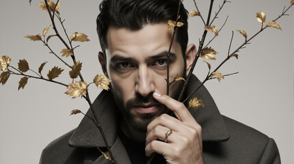 Artistic portrait of a handsome bearded man holding a branch with golden leaves. Male fashion model with an intense gaze in a studio. Luxury and nature concept