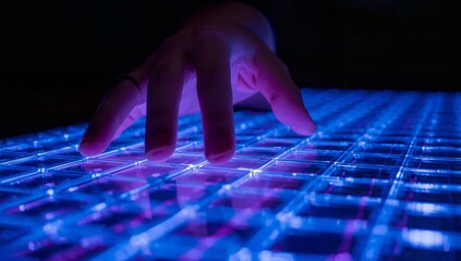 Hovering adult hand pressing illuminated grid panel at tech exhibit, showing ring and reflections