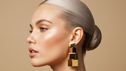 Profile portrait of a young woman with elegant gold cube earrings. Model with perfect glowing skin and a sleek blonde hair bun. Beauty, fashion, and luxury cosmetics concept