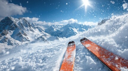A pair of skis are on a snowy mountain slope