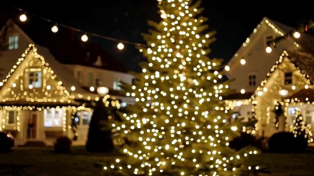 christmas tree at night street desing happy new year city light bulbs 