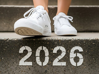 Un pie con zapatillas blancas que baja por las escaleras con el n&uacute;mero 2026.