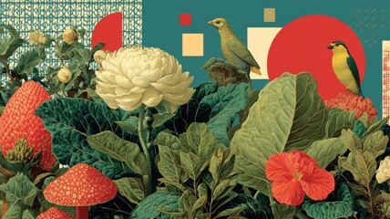 botanical collage with chaotic foliage, eclectic patterns. Generative AI