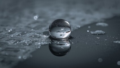 Glinting clear spherical water droplet revealing microbubbles on dark glass, mirroring bokeh