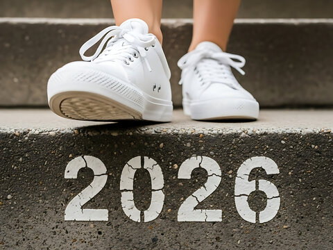 Un pie con zapatillas blancas que baja por las escaleras con el n&uacute;mero 2026.