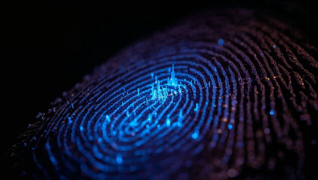 Glowing biometric fingerprint showing neon blue concentric ridges on dark studio, data spikes - Powered by Adobe