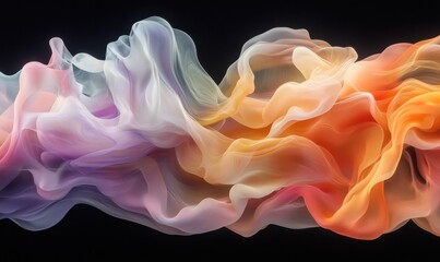Colorful, wispy clouds swirl on a dark background, creating movement.