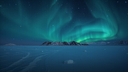 Glowing aurora arching over snow-covered mountain range at night, with stars and faint tracks