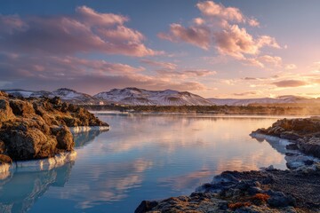 Dusk light over a remote hot spring valley with warm glow and pink clouds