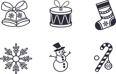 Black silhouette vector set of Christmas tree, gift, hat, and other holiday icons