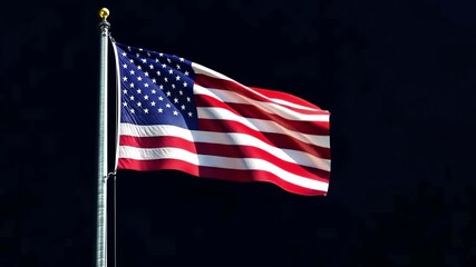 American flag waving under the night sky at a public park with city lights in the background