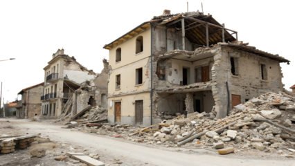 Destroyed buildings after earthquake isolated cut out on PNG. AI GENERATED.
