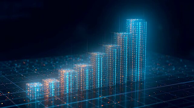Glowing digital bar chart rising over a grid surface showing data growth, analytical progress, financial performance, and modern technology visualization
